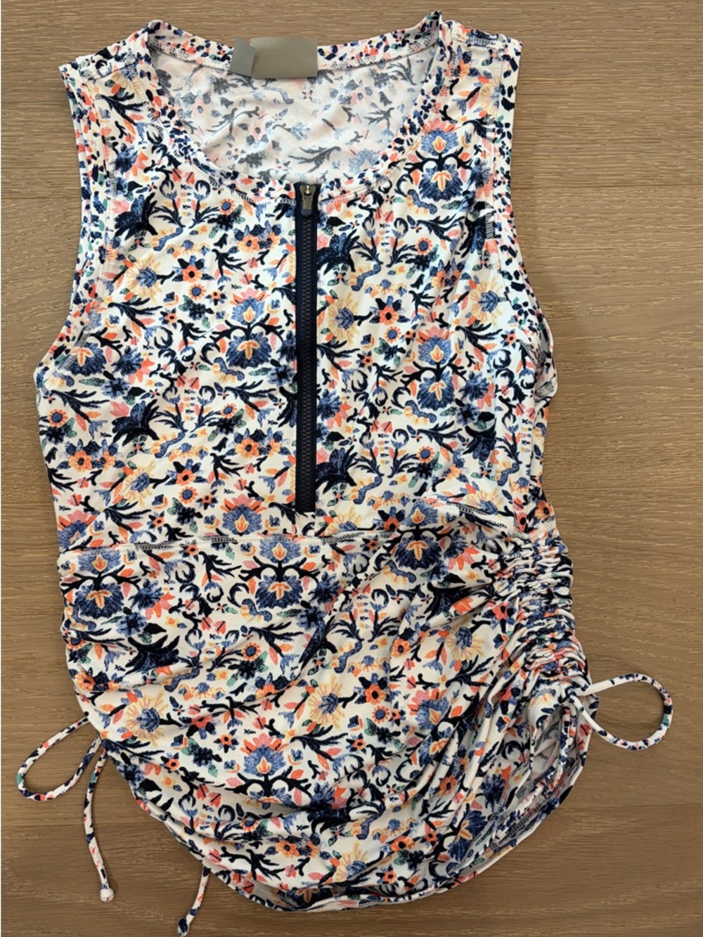 Athleta Floral Zip-Front Swim Top/Rash Guard - White, Navy & Coral